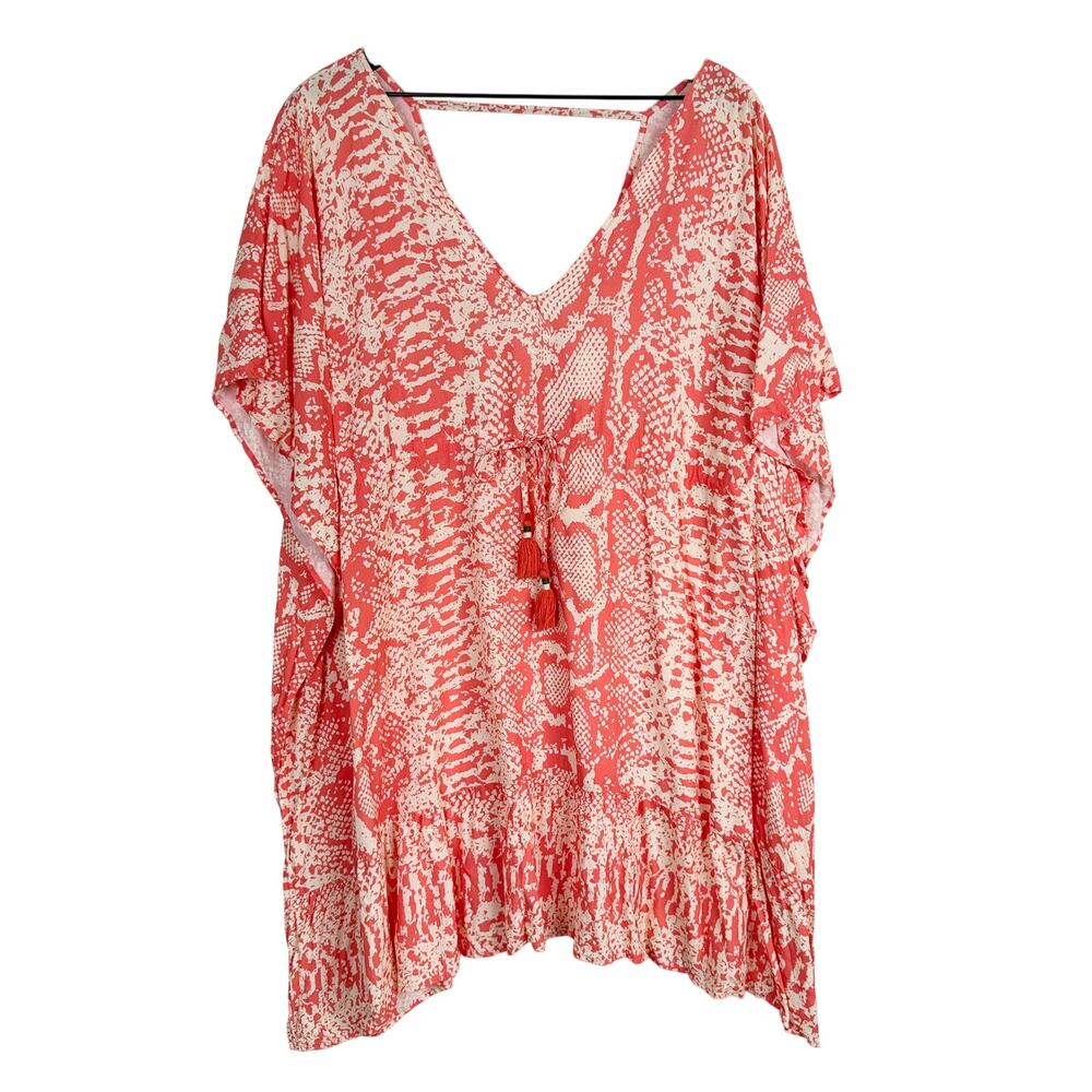 Maaji Swim Cover Up Tunic Coral Orange Kaftan Dress VNeck Mini Snakeprint - M